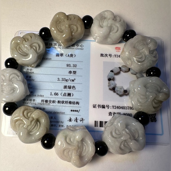 Certified Natural Grade A Myanmar Jade Green Jade Smiling Buddha Men's Bracelet - Picture 6 of 14